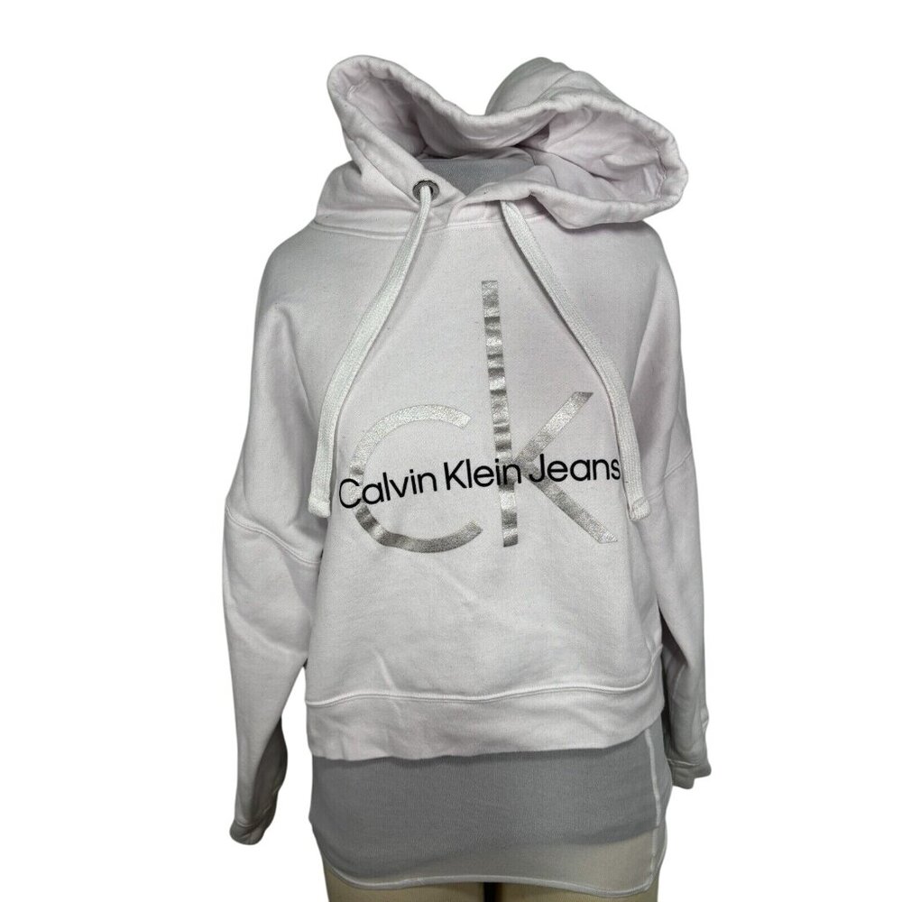 Calvin Klein Jeans White Monogram Logo Cropped Hoodie Medium Cotton/Polyester